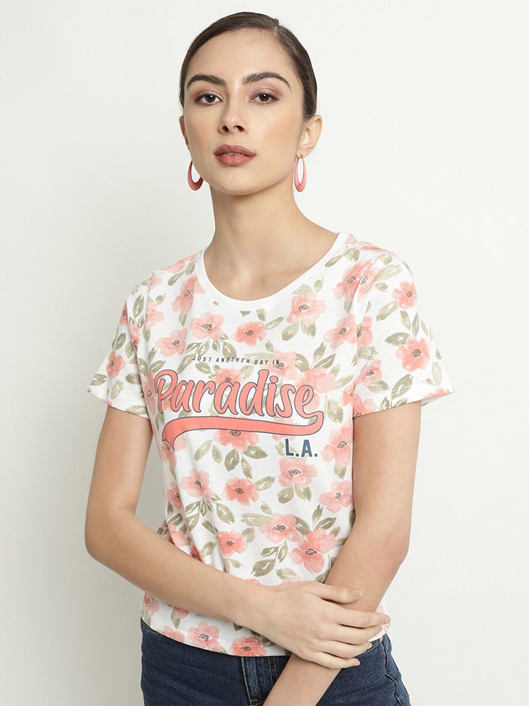 

METTLE Floral Printed Round Neck Cotton T-shirt, White