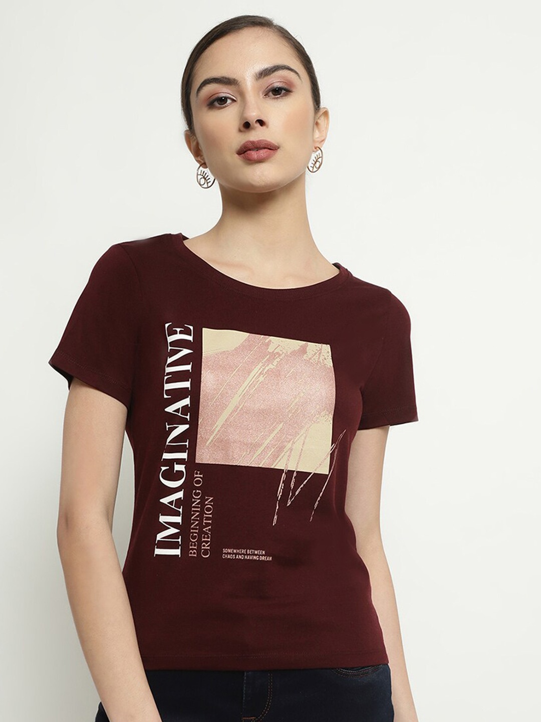 

METTLE Typography Printed Round Neck Cotton T-shirt, Maroon