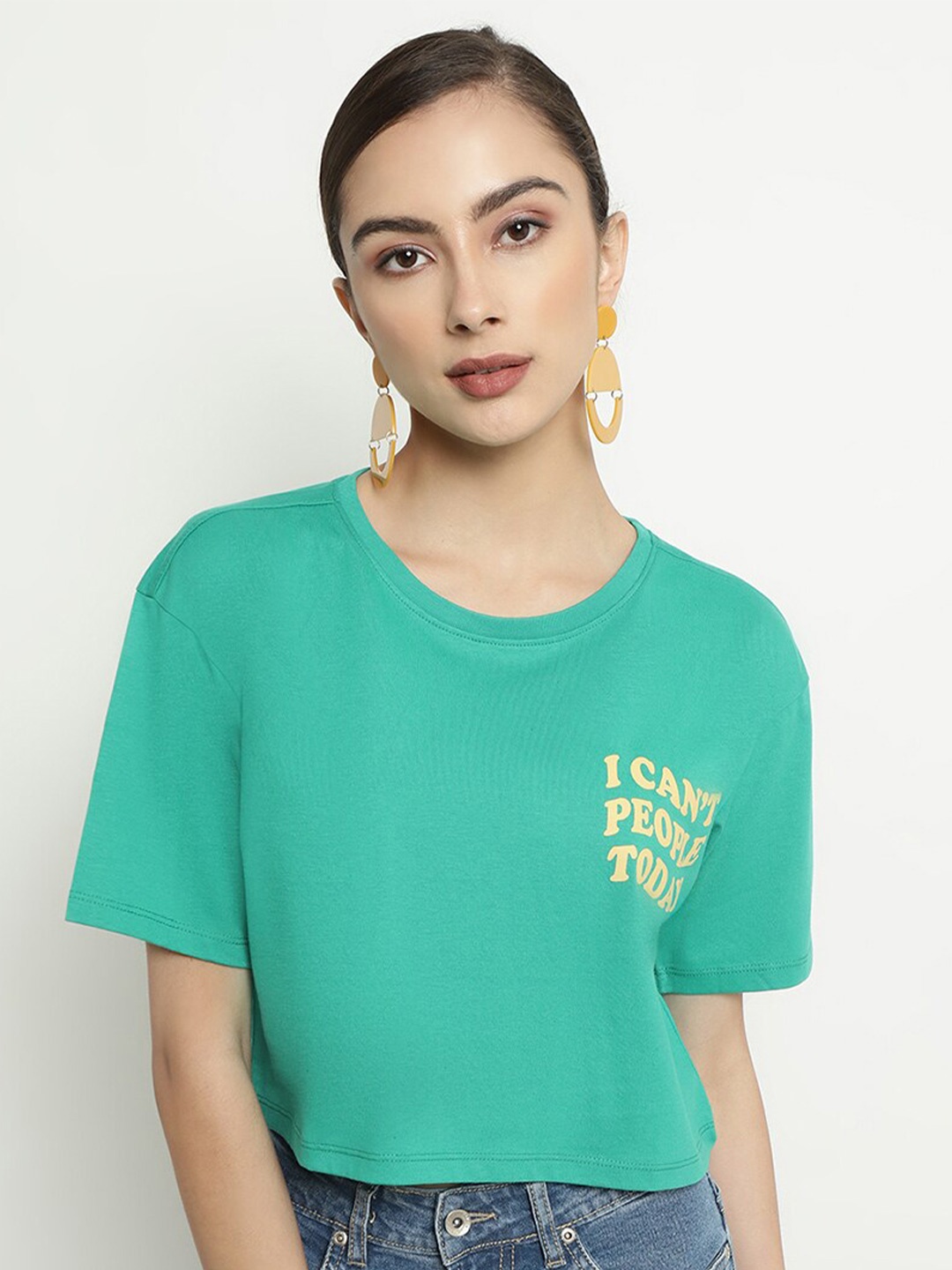 

METTLE Typography Printed Round Neck Cotton Crop T-Shirt, Green