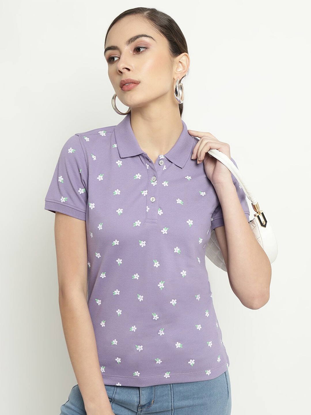 

METTLE Floral Printed Polo Collar Cotton T-shirt, Purple