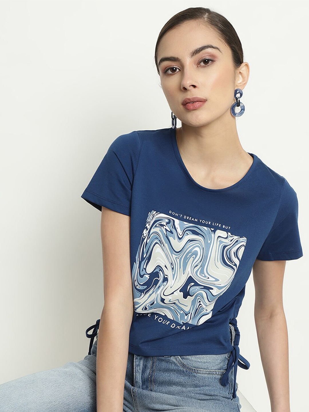 

METTLE Abstract Printed Round Neck Cotton T-shirt, Blue