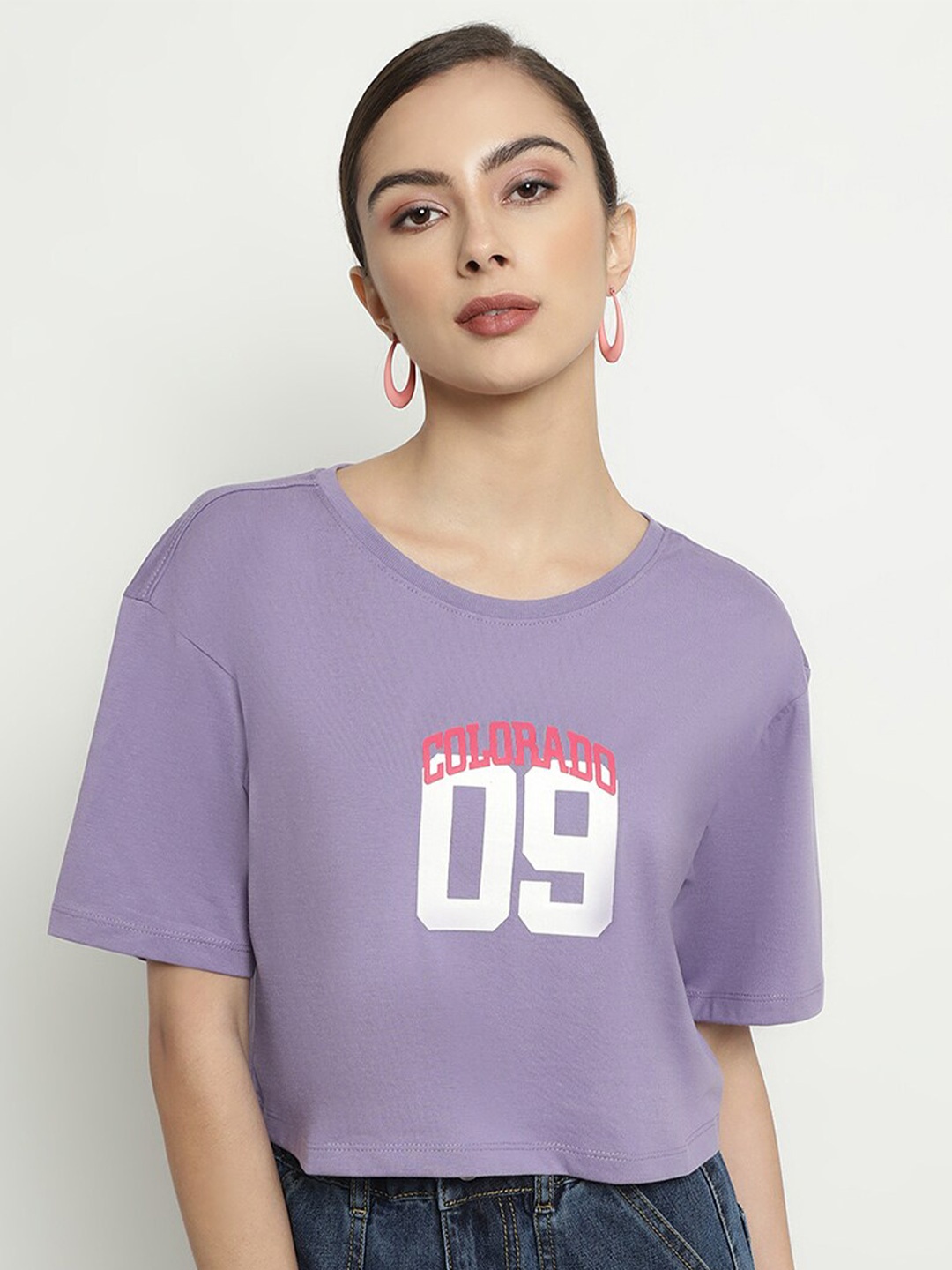 

METTLE Typography Printed Round Neck Cotton Crop T-shirt, Purple