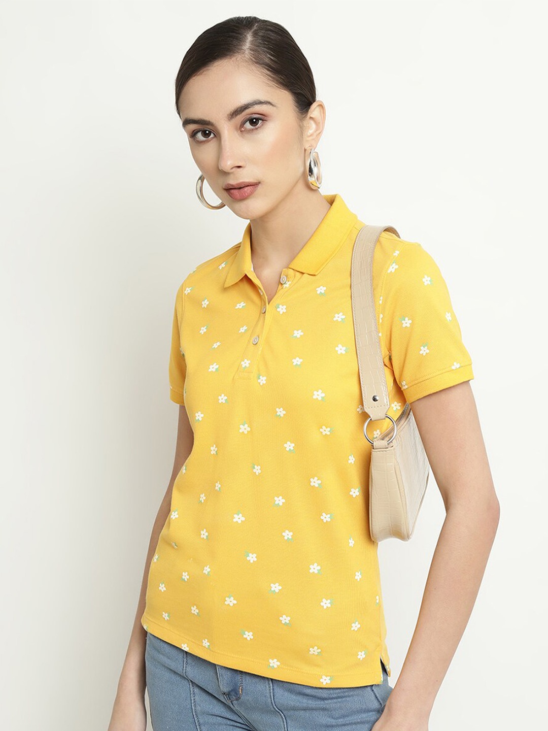 

METTLE Floral Printed Polo Collar Cotton T-shirt, Yellow