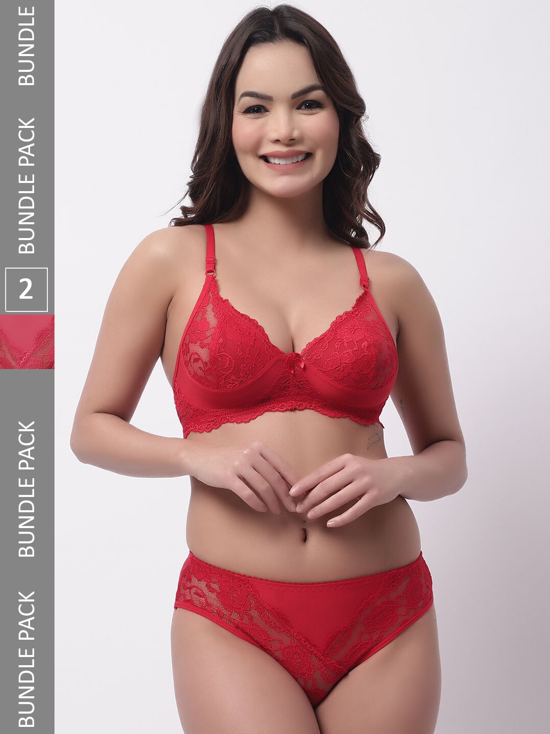 

GRACIT Pack Of 2 Self-Design Non Padded Mid-Rise Lingerie Set, Red