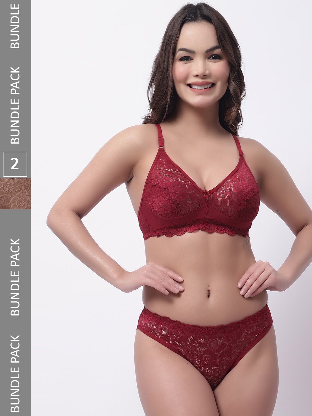 

GRACIT Pack Of 2 Self-Design Non Padded Mid-Rise Laced Lingerie Set, Maroon