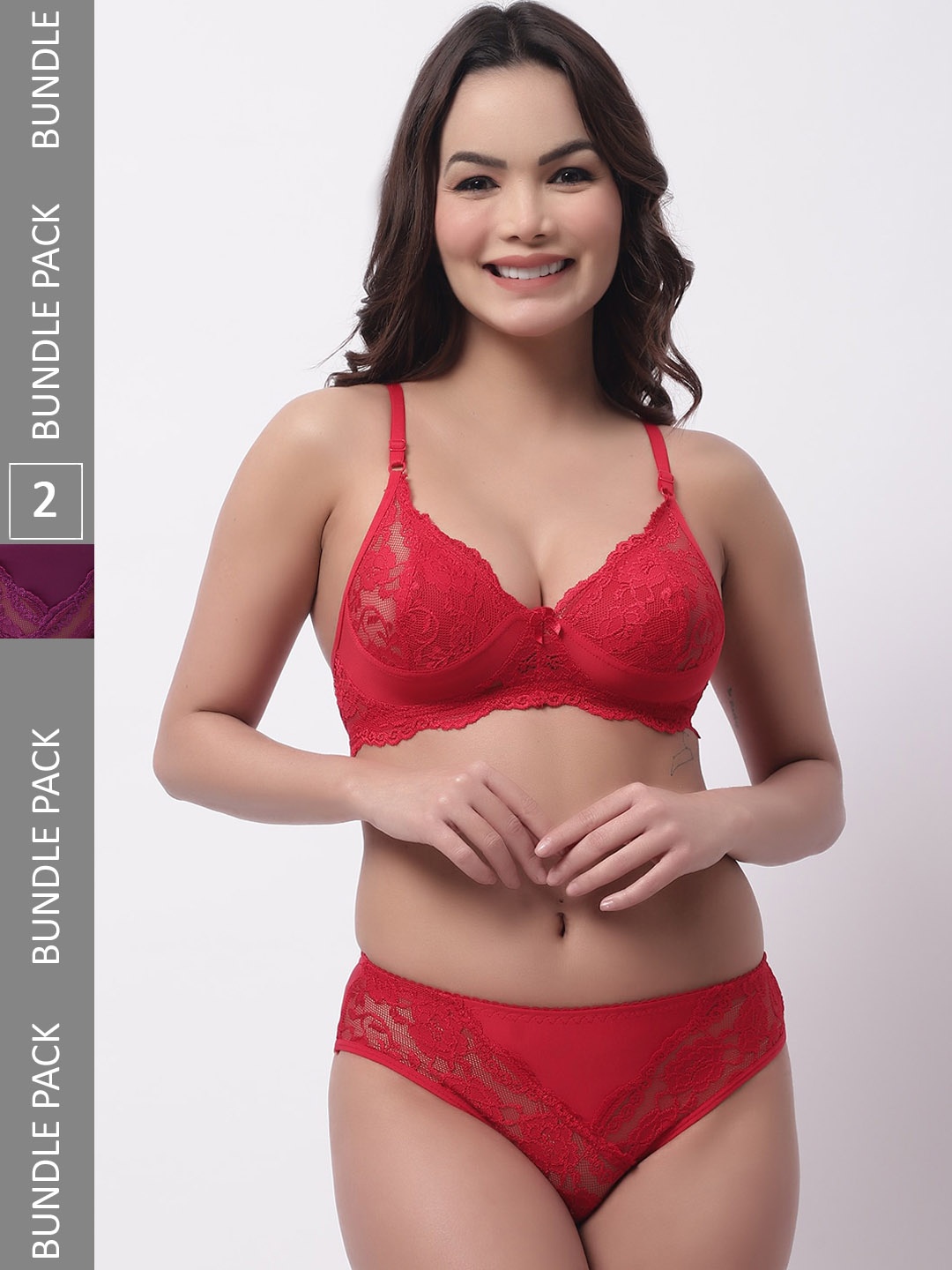 

GRACIT Pack Of 2 Self-Design Non Padded Non-Wired Mid-Rise Lingerie Set, Red