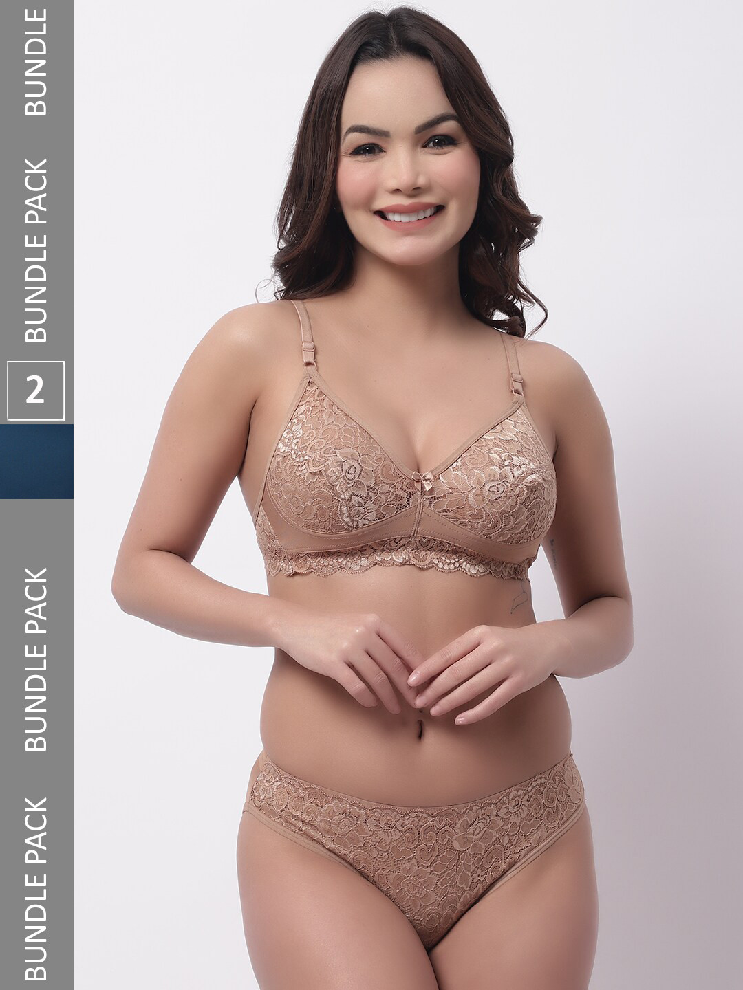 

GRACIT Pack Of 2 Self-Design Non Padded Mid-Rise Laced Lingerie Set, Beige