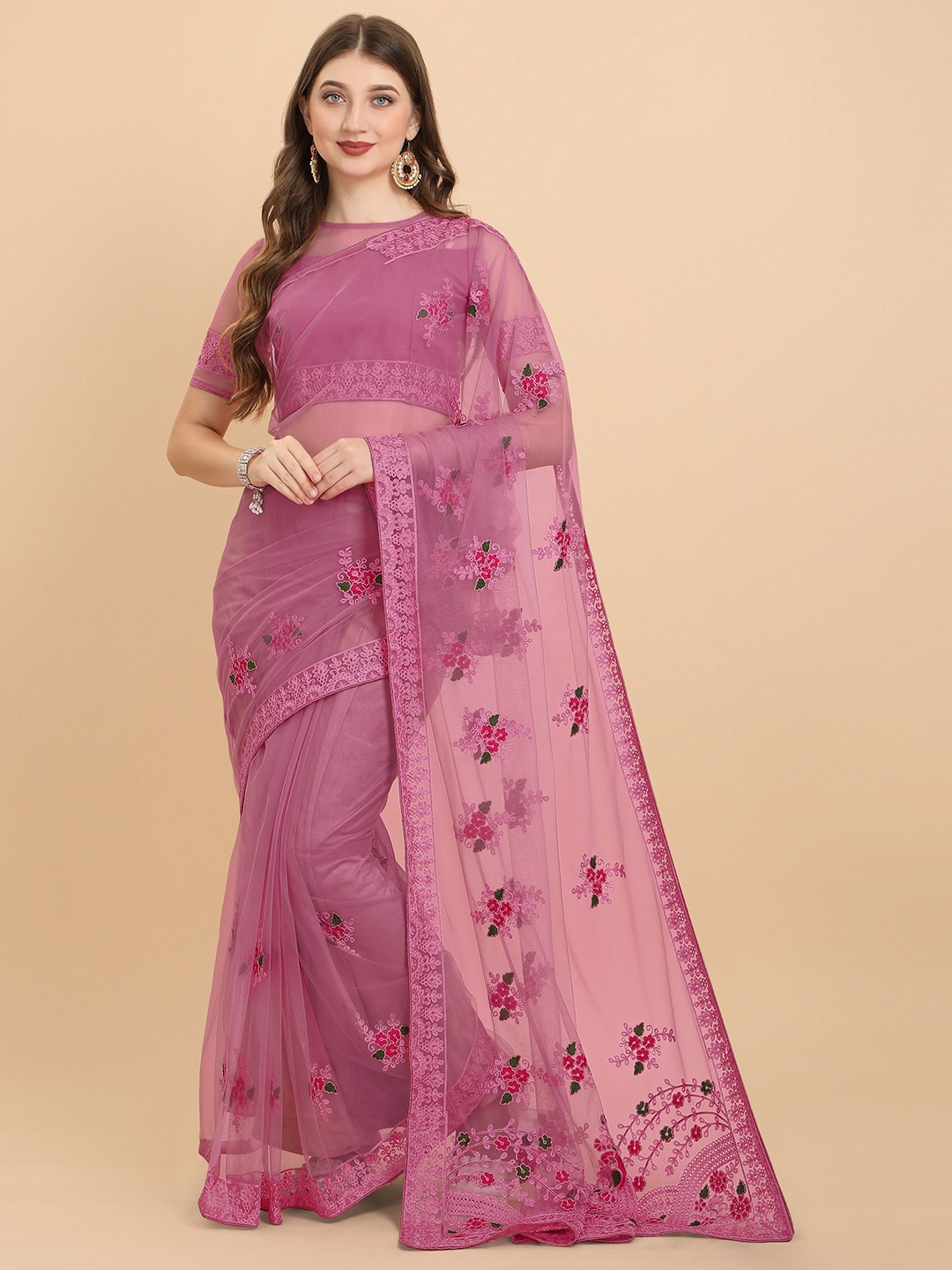 

Nimidiya Floral Embroidered Net Saree, Pink