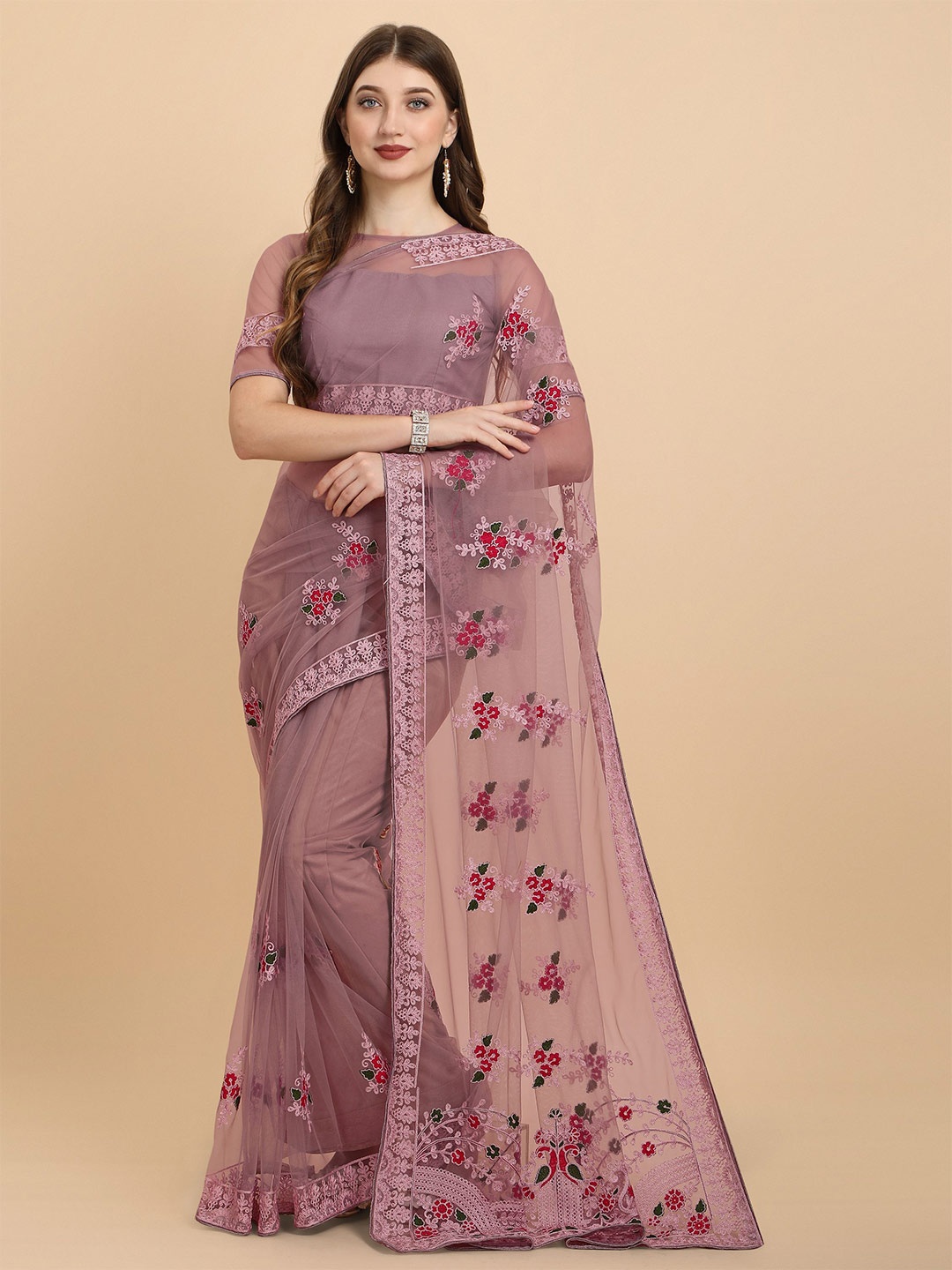 

Nimidiya Floral Embroidered Net Saree, Pink