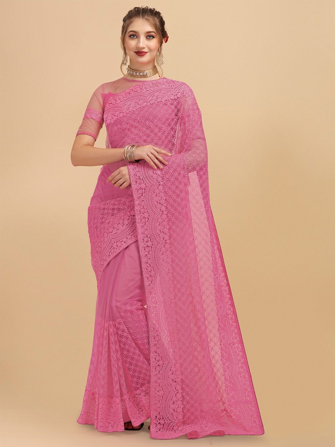 

Nimidiya Ethnic Motifs Embroidered Net Saree, Pink