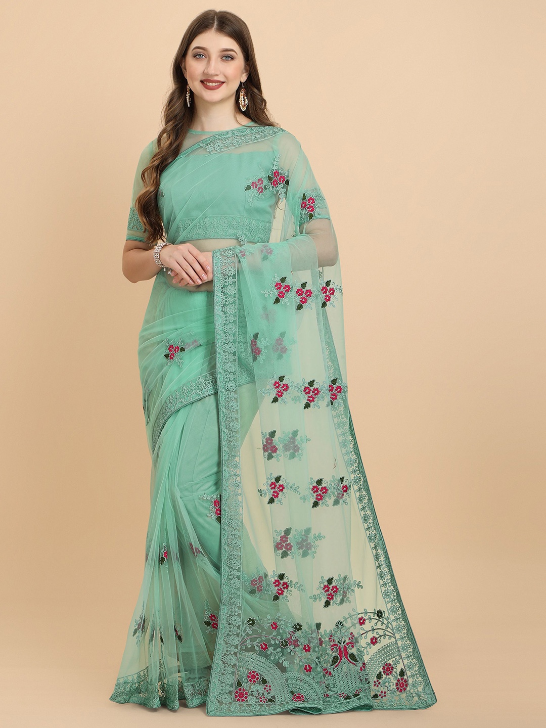 

Nimidiya Floral Embroidered Net Saree, Sea green
