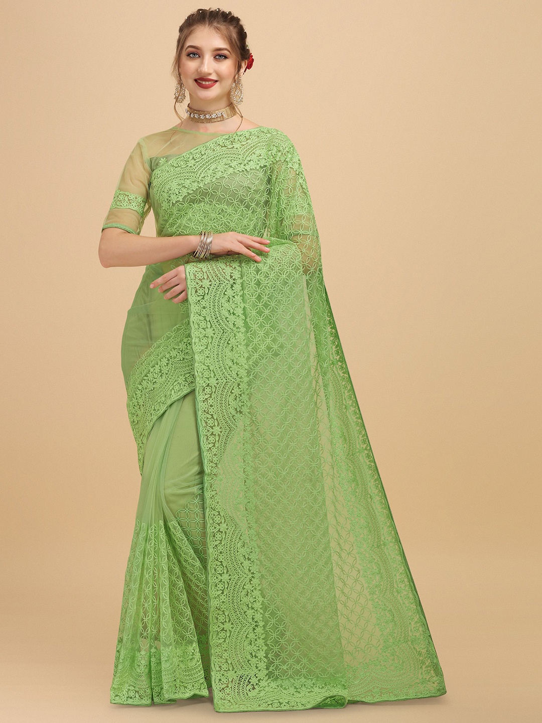 

Nimidiya Floral Embroidered Saree, Green