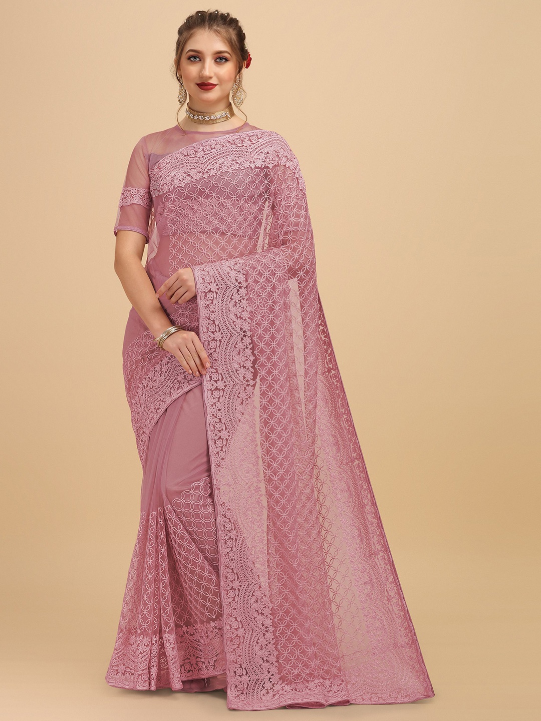 

Nimidiya Embellished Embroidered Net Saree, Pink