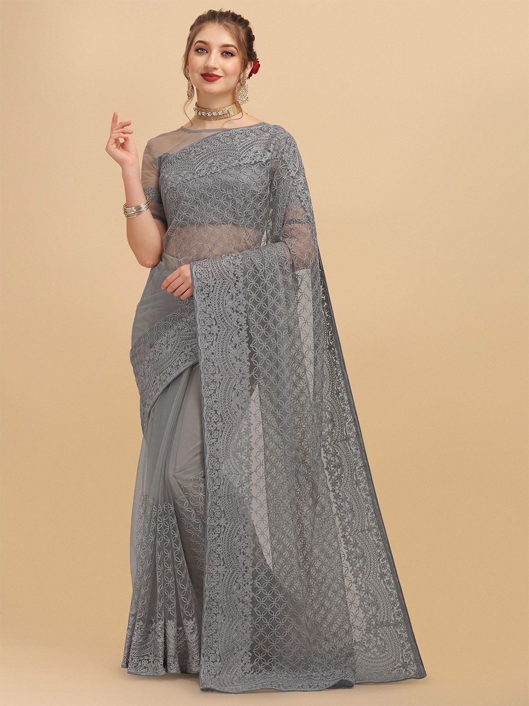 

Nimidiya Ethnic Motifs Net Saree, Grey