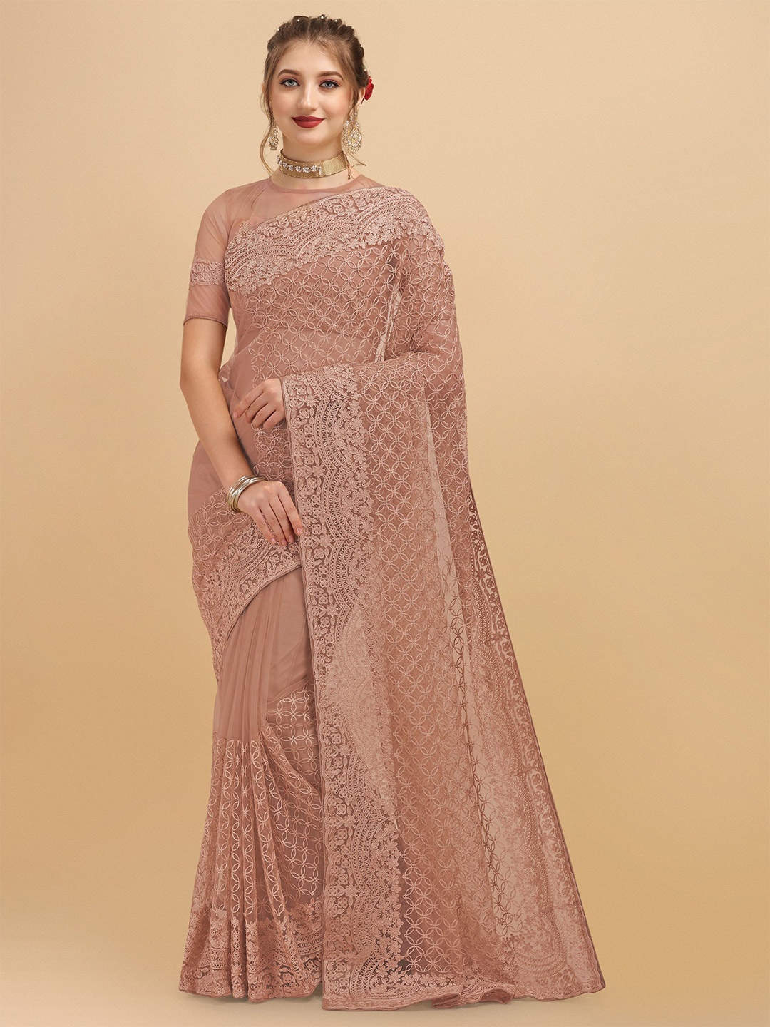 

Nimidiya Floral Embroidered Net Saree, Brown
