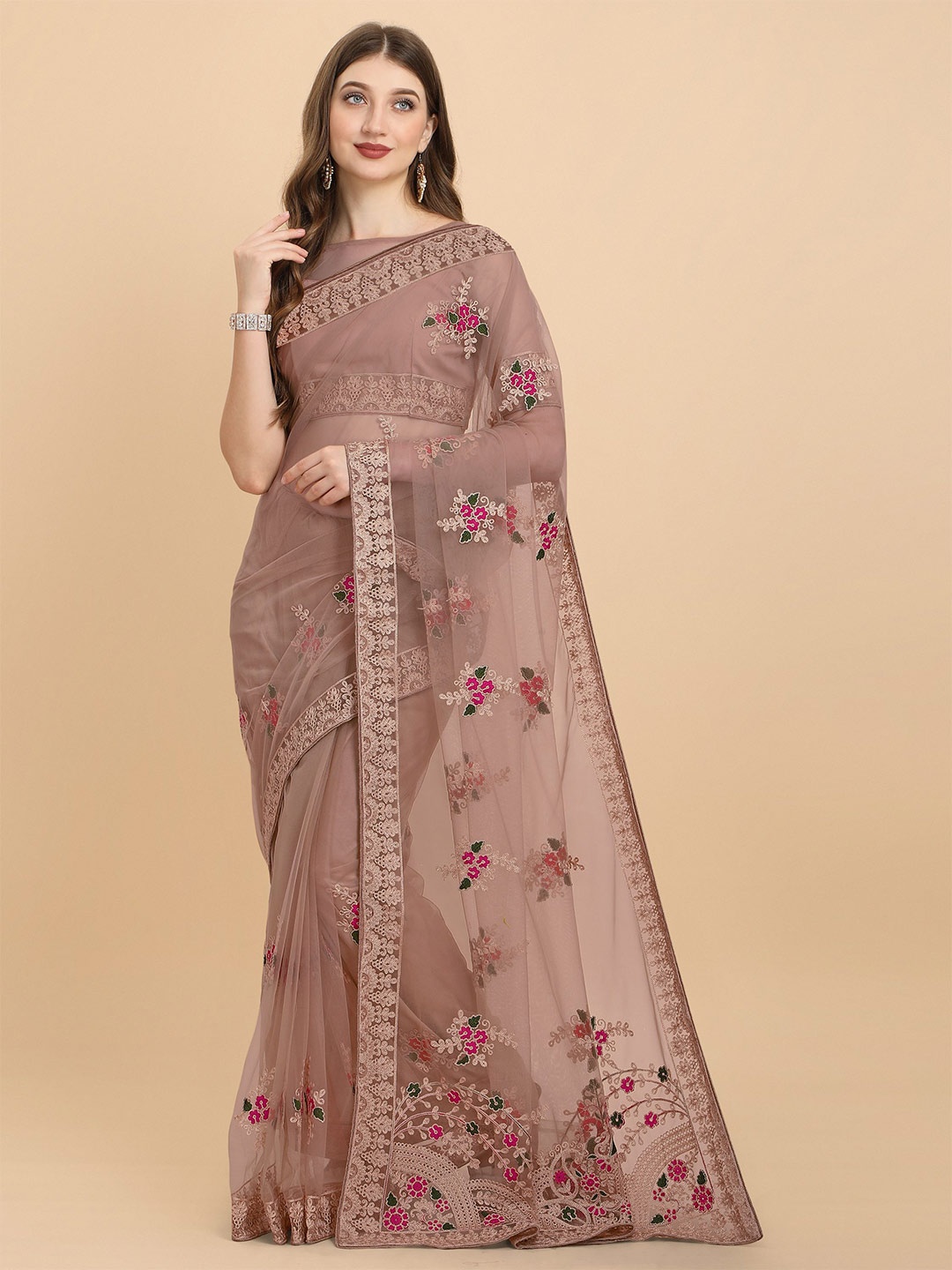 

Nimidiya Floral Embroidered Net Saree, Brown