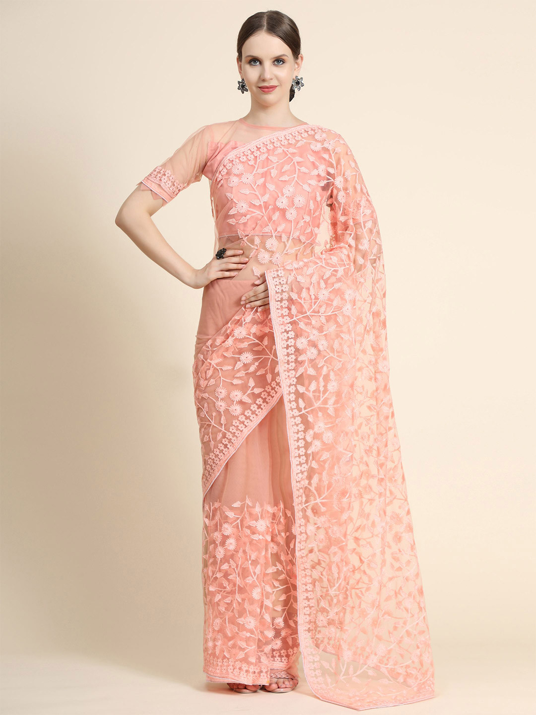 

Nimidiya Floral Embroidered Saree, Peach