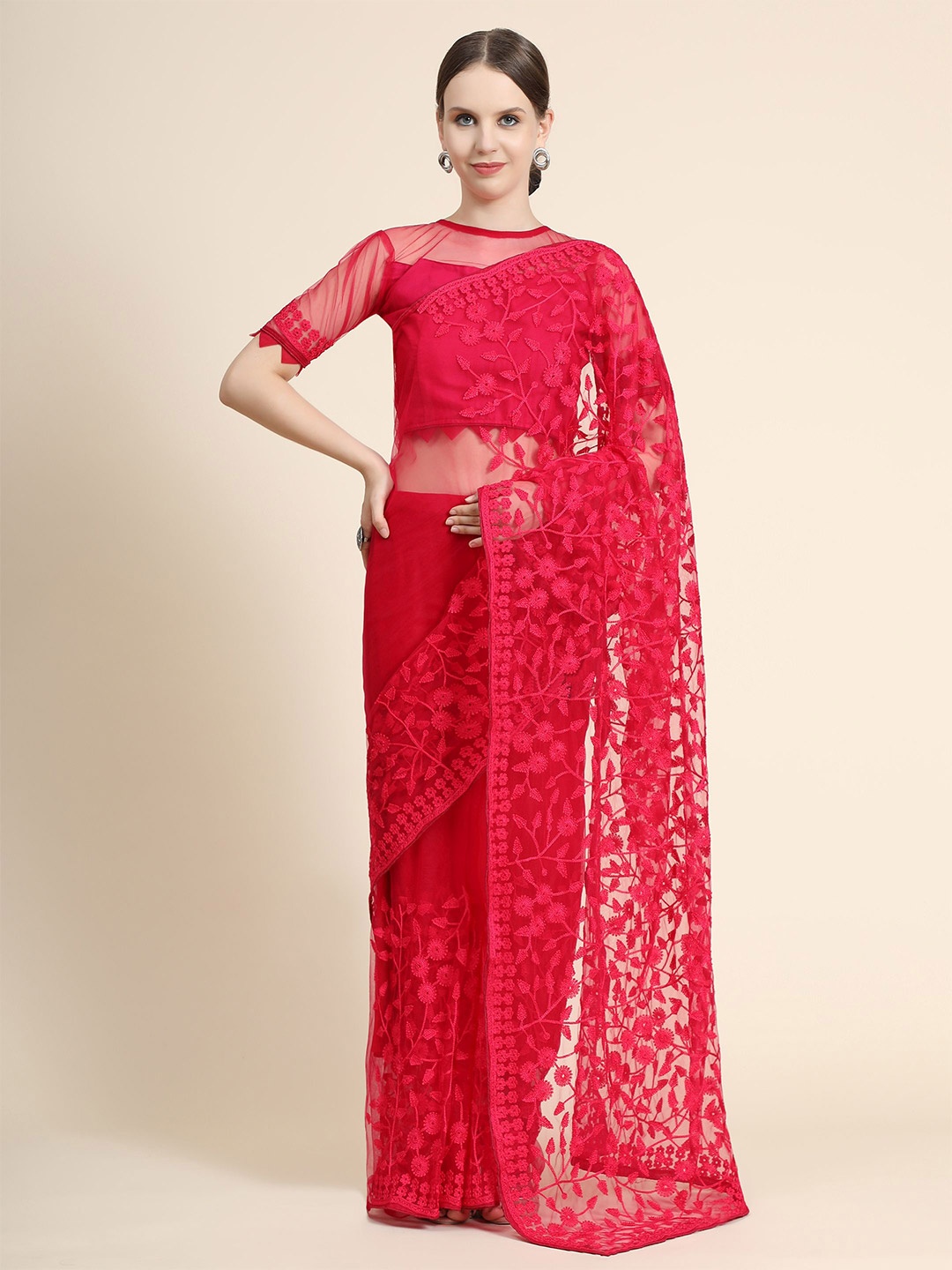 

Nimidiya Floral Net Saree, Pink