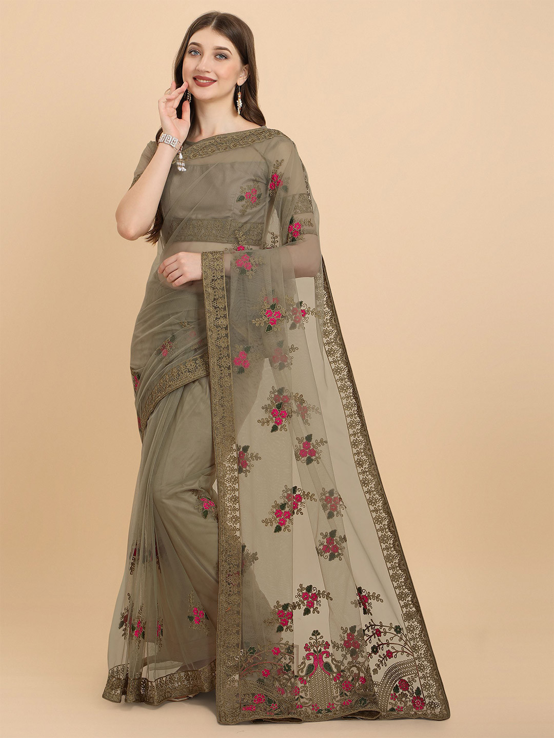 

Nimidiya Floral Net Saree, Green