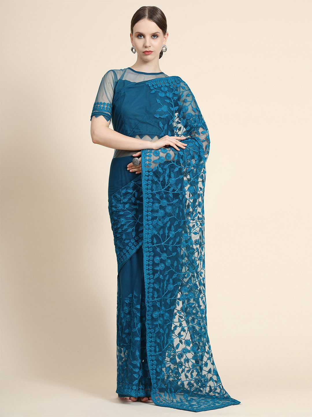

Nimidiya Ethnic Motifs Embroidered Net Saree, Blue