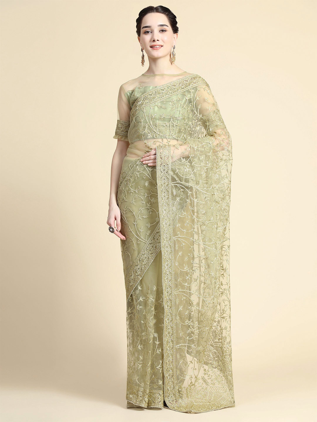 

Nimidiya Floral Embroidered Net Saree, Green