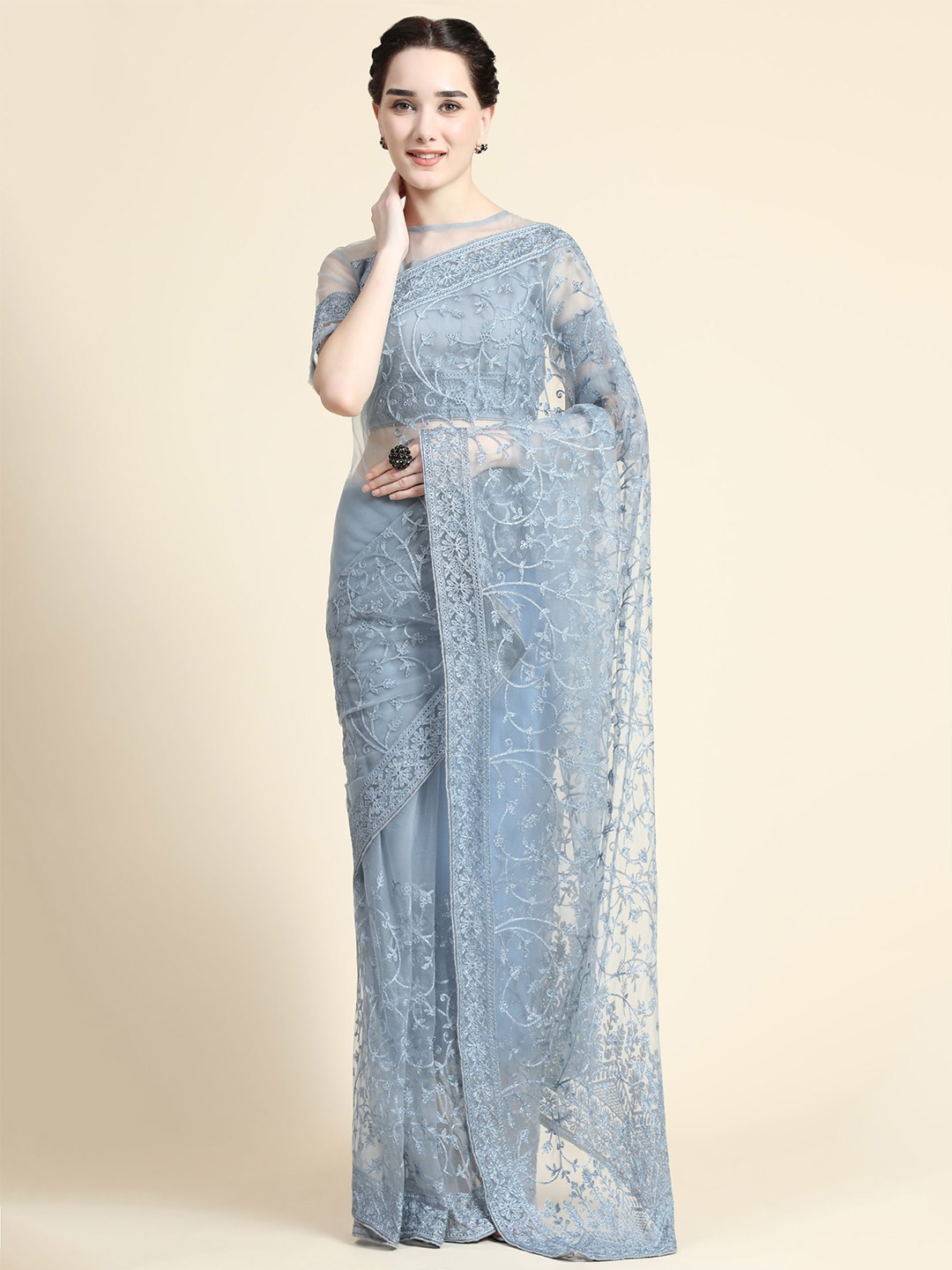 

Nimidiya Ethnic Motifs Embroidered Saree, Grey