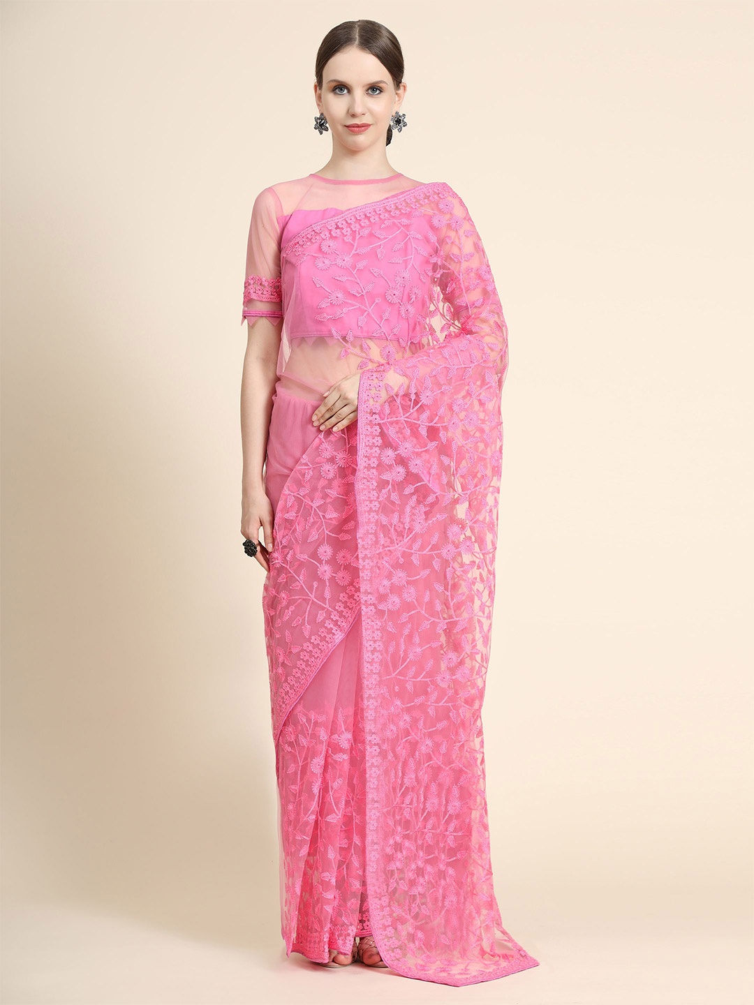 

Nimidiya Floral Embroidered Net Saree, Pink