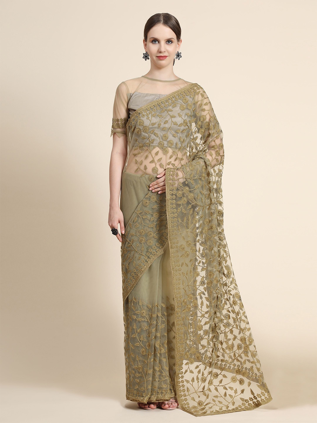 

Nimidiya Floral Embroidered Net Saree, Brown