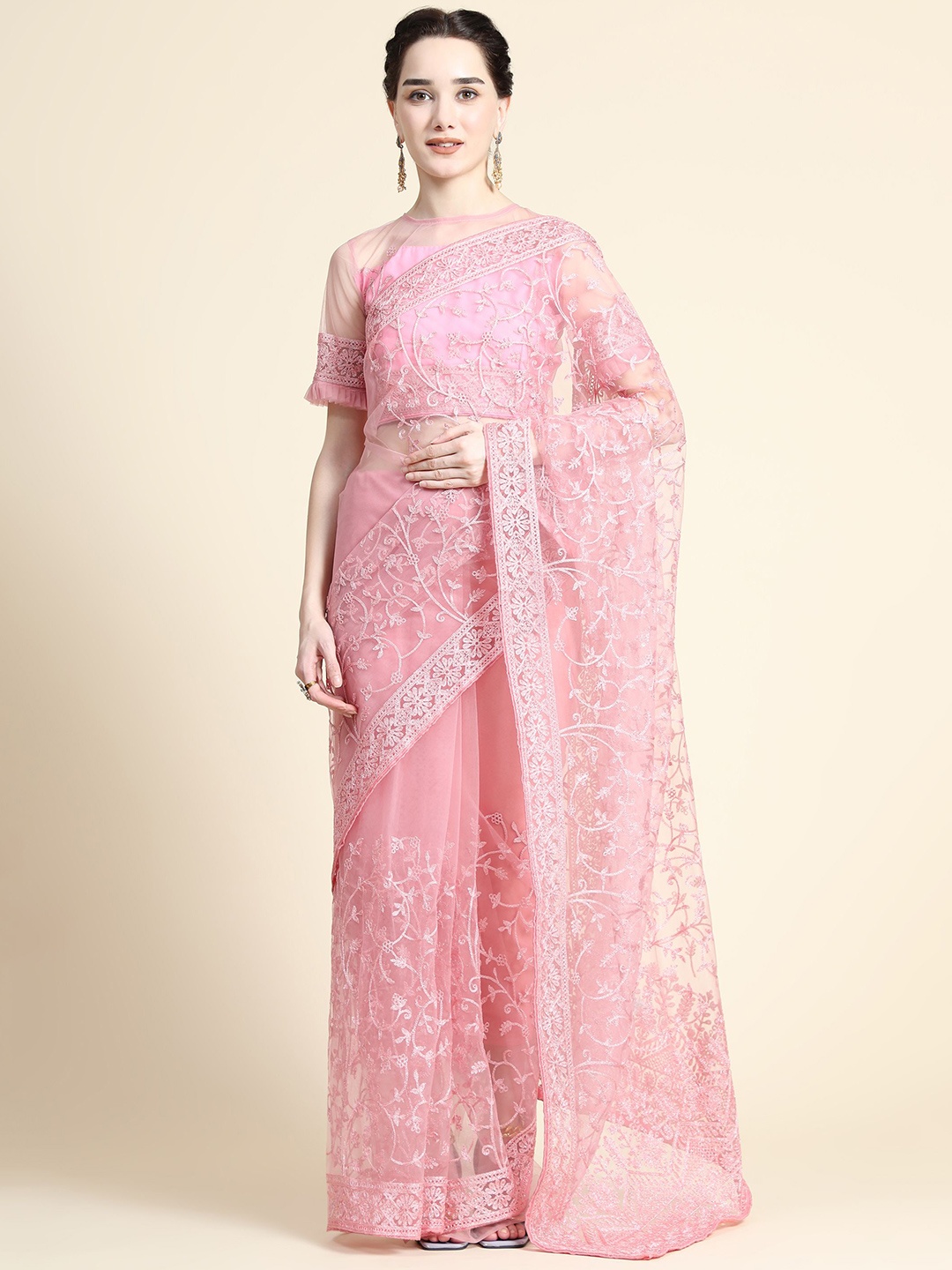 

Nimidiya Ethnic Motifs Net Saree, Pink