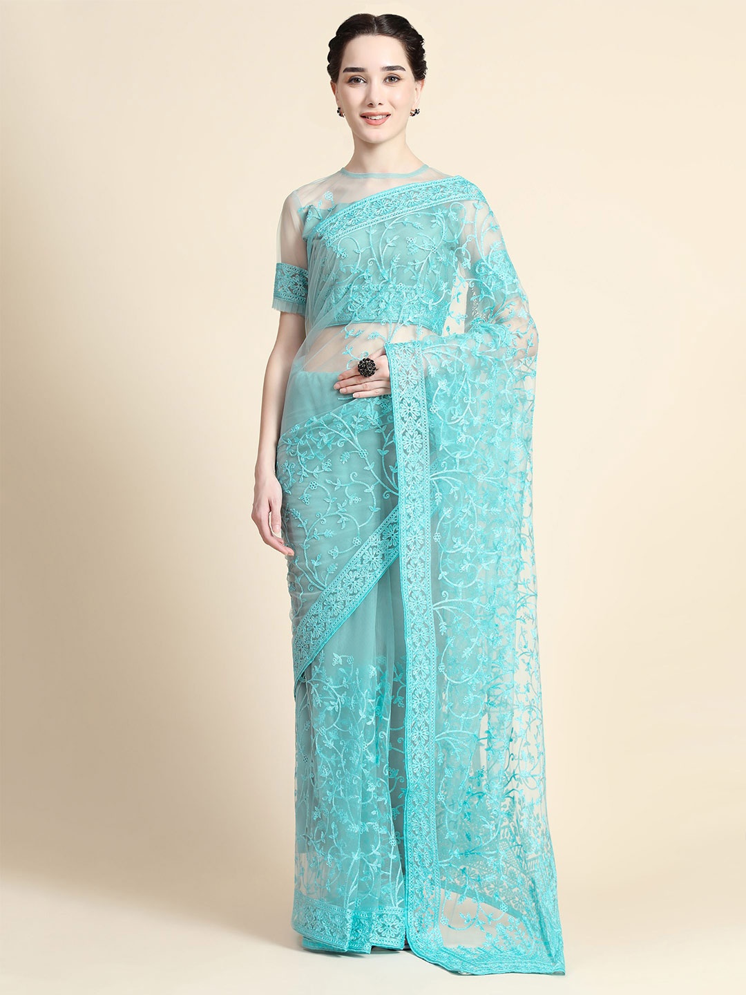 

Nimidiya Ethnic Motifs Embroidered Net Saree, Blue