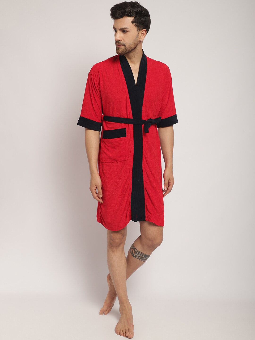 

ELEVANTO Men Pure Cotton Bath Robe With Belt, Red