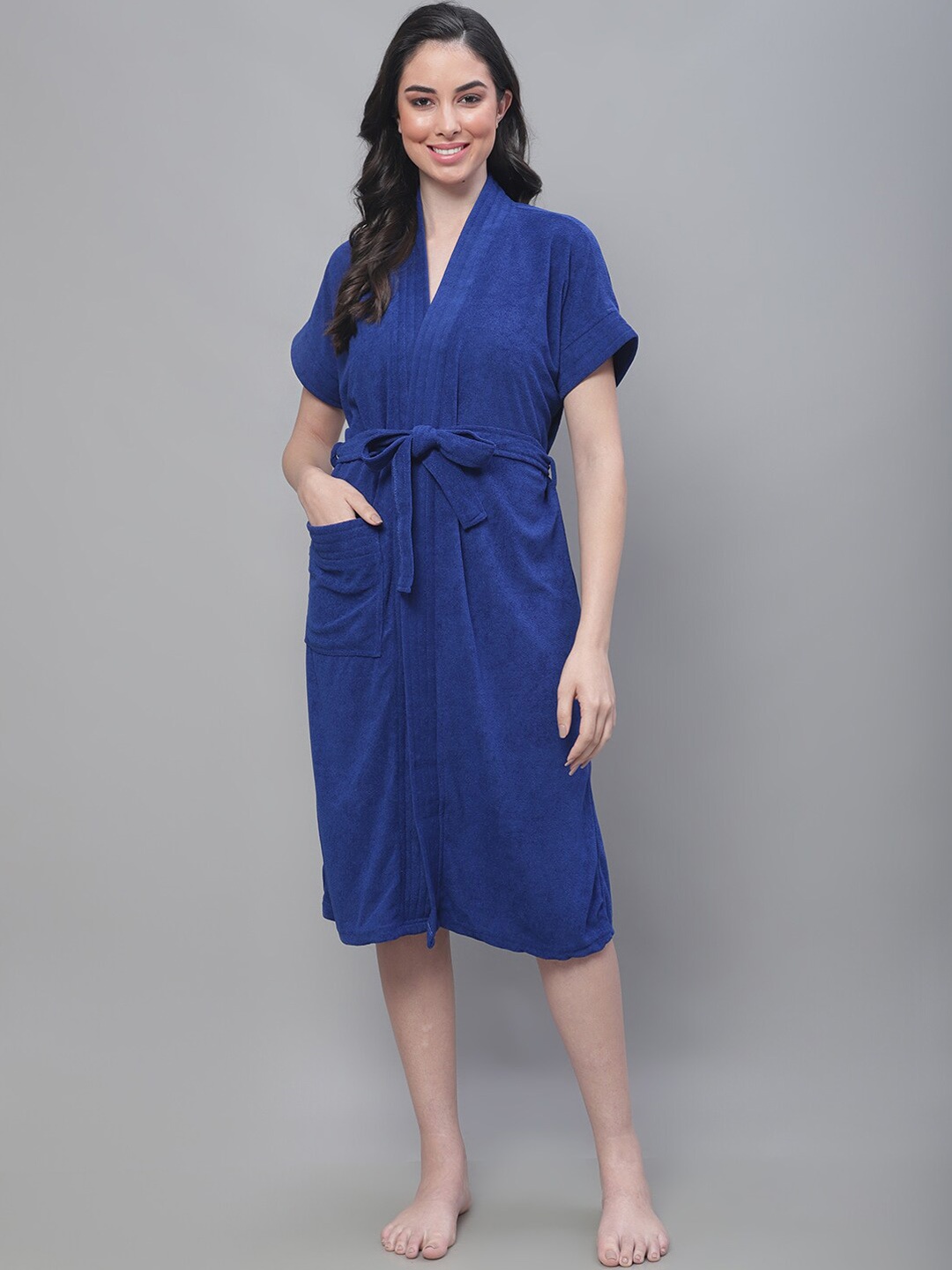 

ELEVANTO Women Micro Terry Bath Robe With Belt, Blue