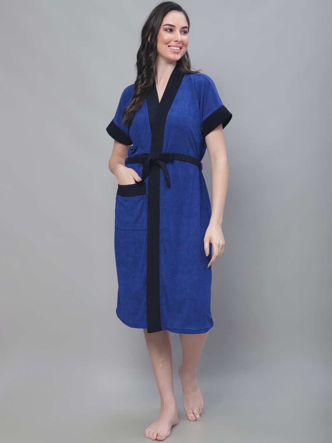 

ELEVANTO Women Micro Terry Bath Robe With Belt, Blue