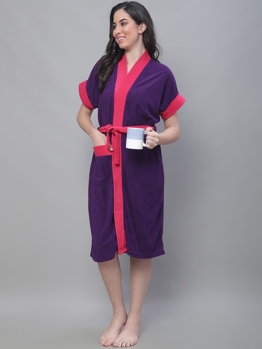 

ELEVANTO Women Micro Terry Bath Robe With Belt, Purple