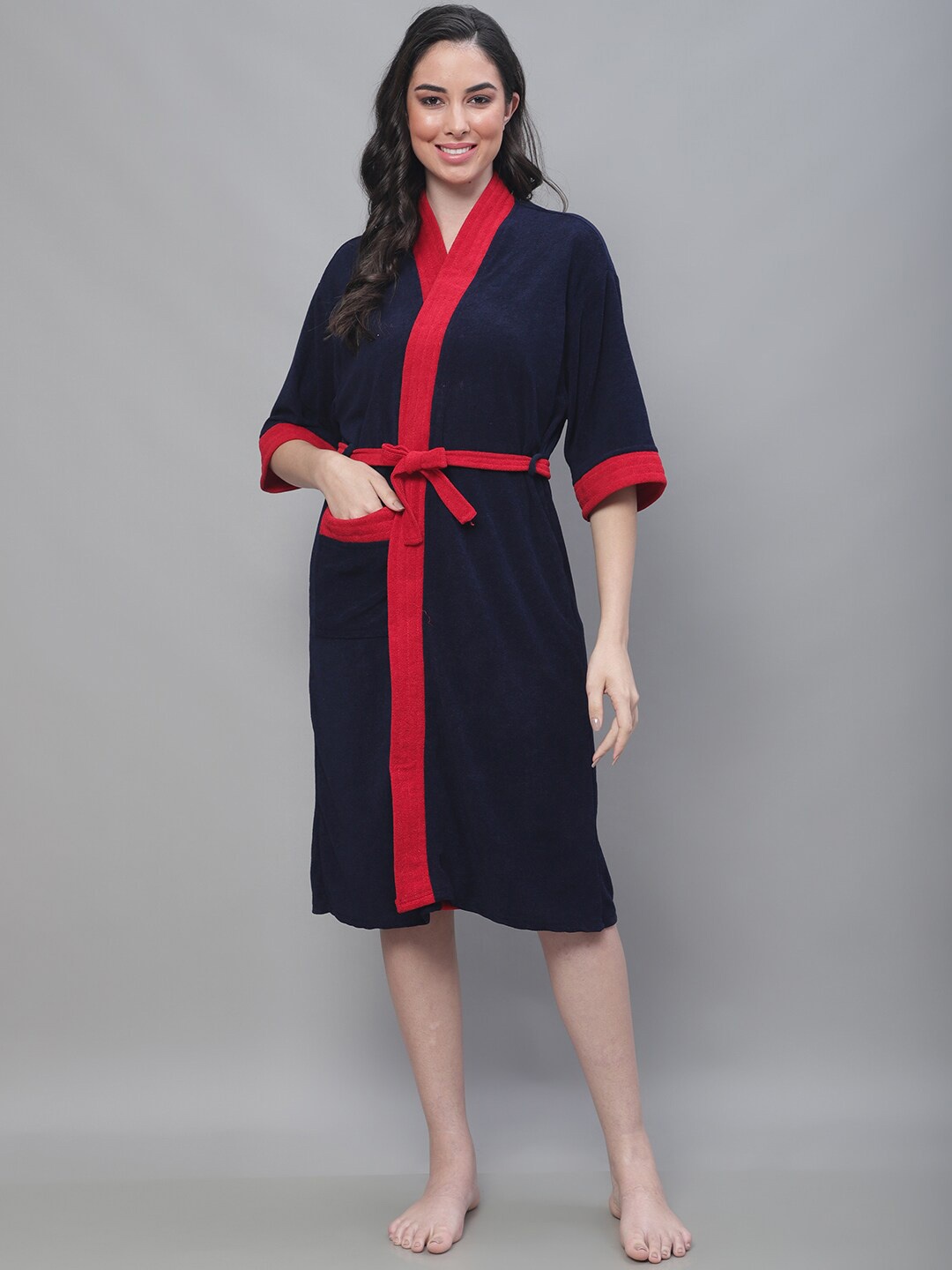 

ELEVANTO Women Micro Terry Bath Robe With Belt, Navy blue