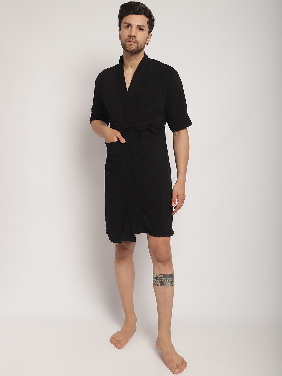 

ELEVANTO Men Micro Terry Bath Robe With Belt, Black