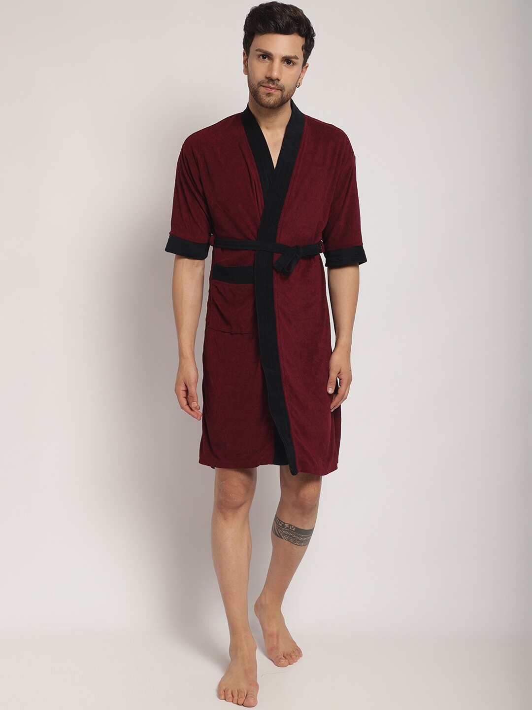 

ELEVANTO Men Micro Terry Bath Robe With Belt, Red