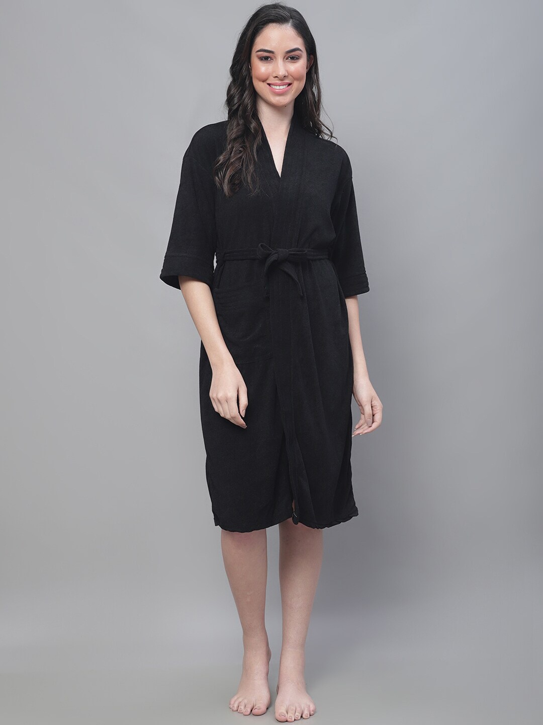 

ELEVANTO Women Micro Terry Bath Robe With Belt, Black