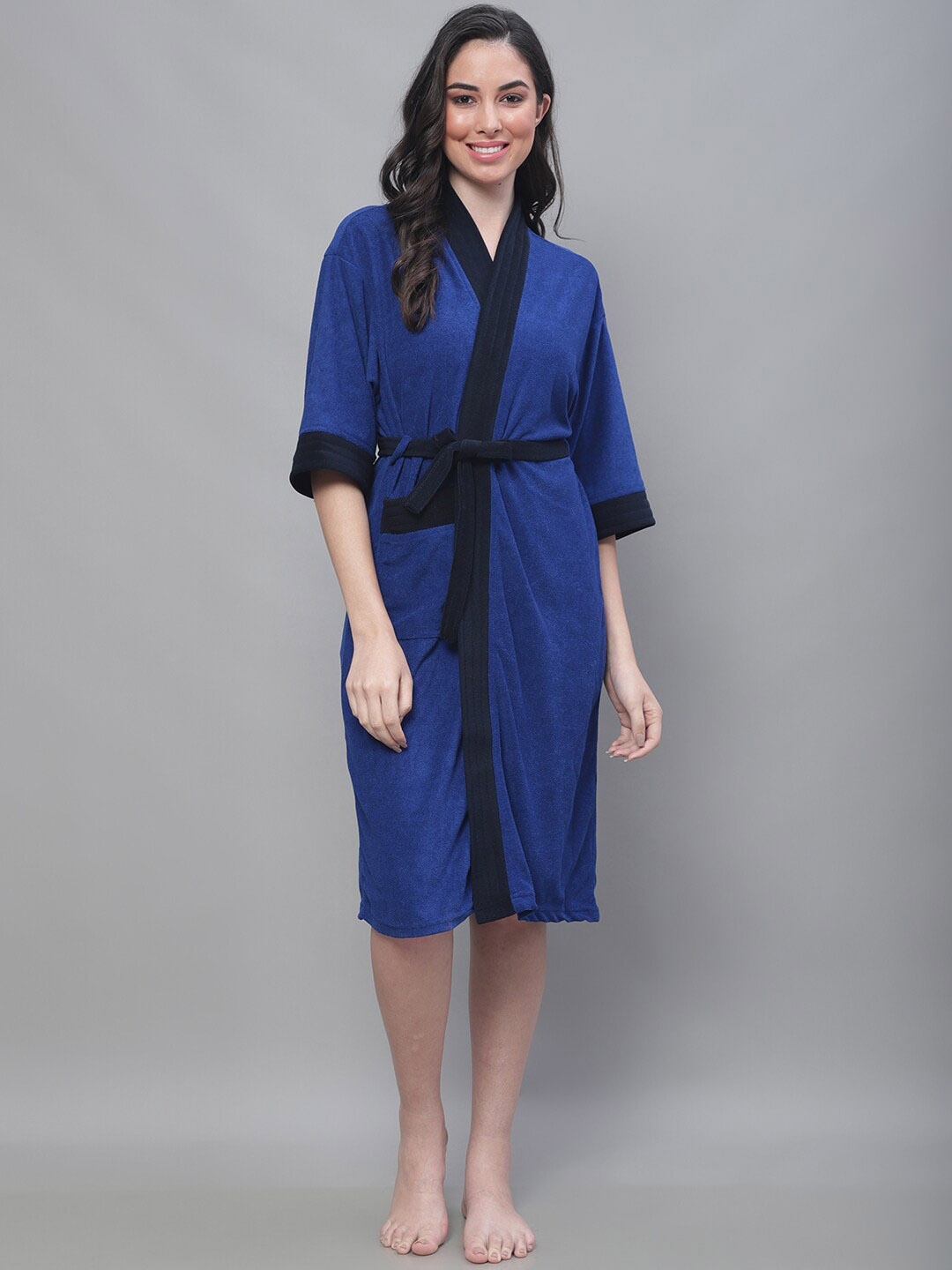 

ELEVANTO Women Micro Terry Bath Robe With Belt, Blue