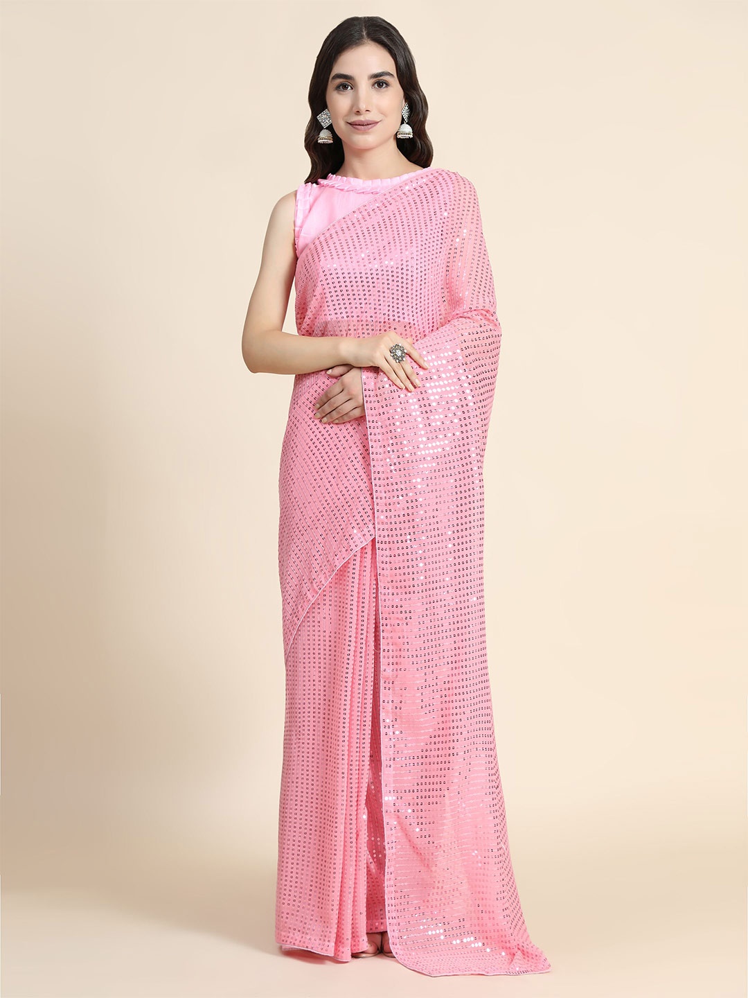 

Nimidiya Embellished Sequinned Pure Georgette Saree, Pink