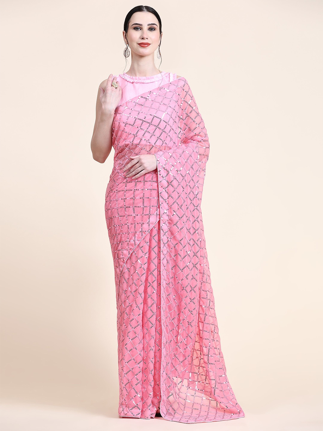 

Nimidiya Embellished Sequinned Pure Georgette Saree, Pink