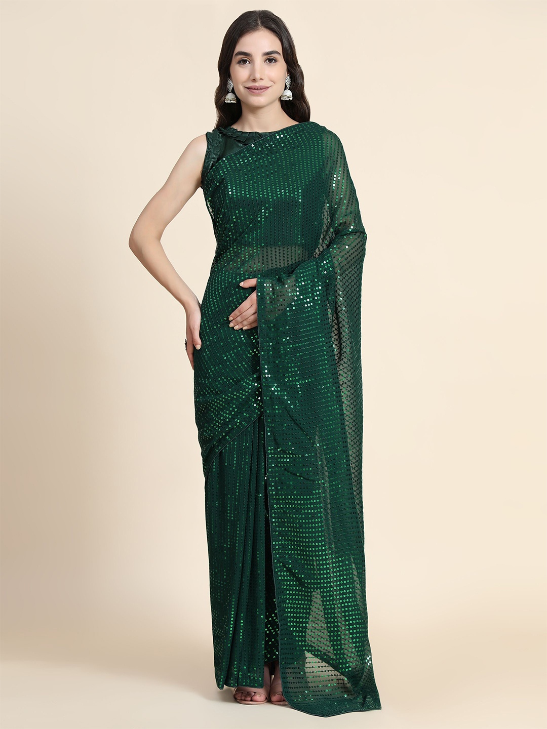 

Nimidiya Embellished Sequinned Pure Georgette Saree, Green