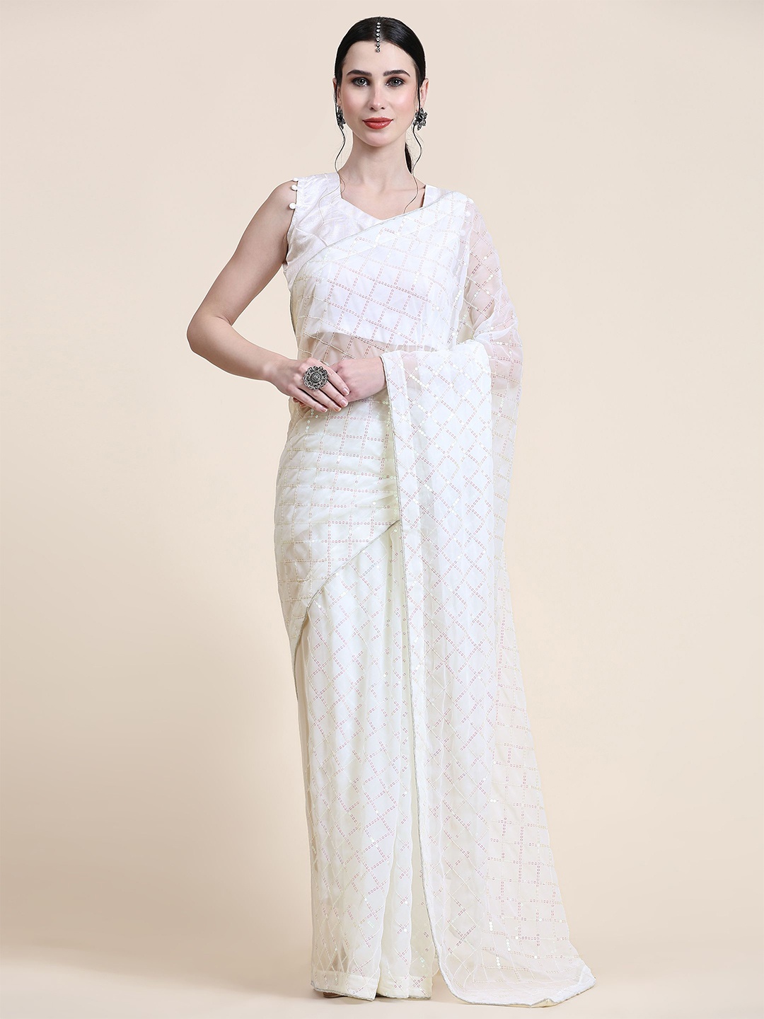 

Nimidiya Embellished Sequinned Pure Georgette Saree, White