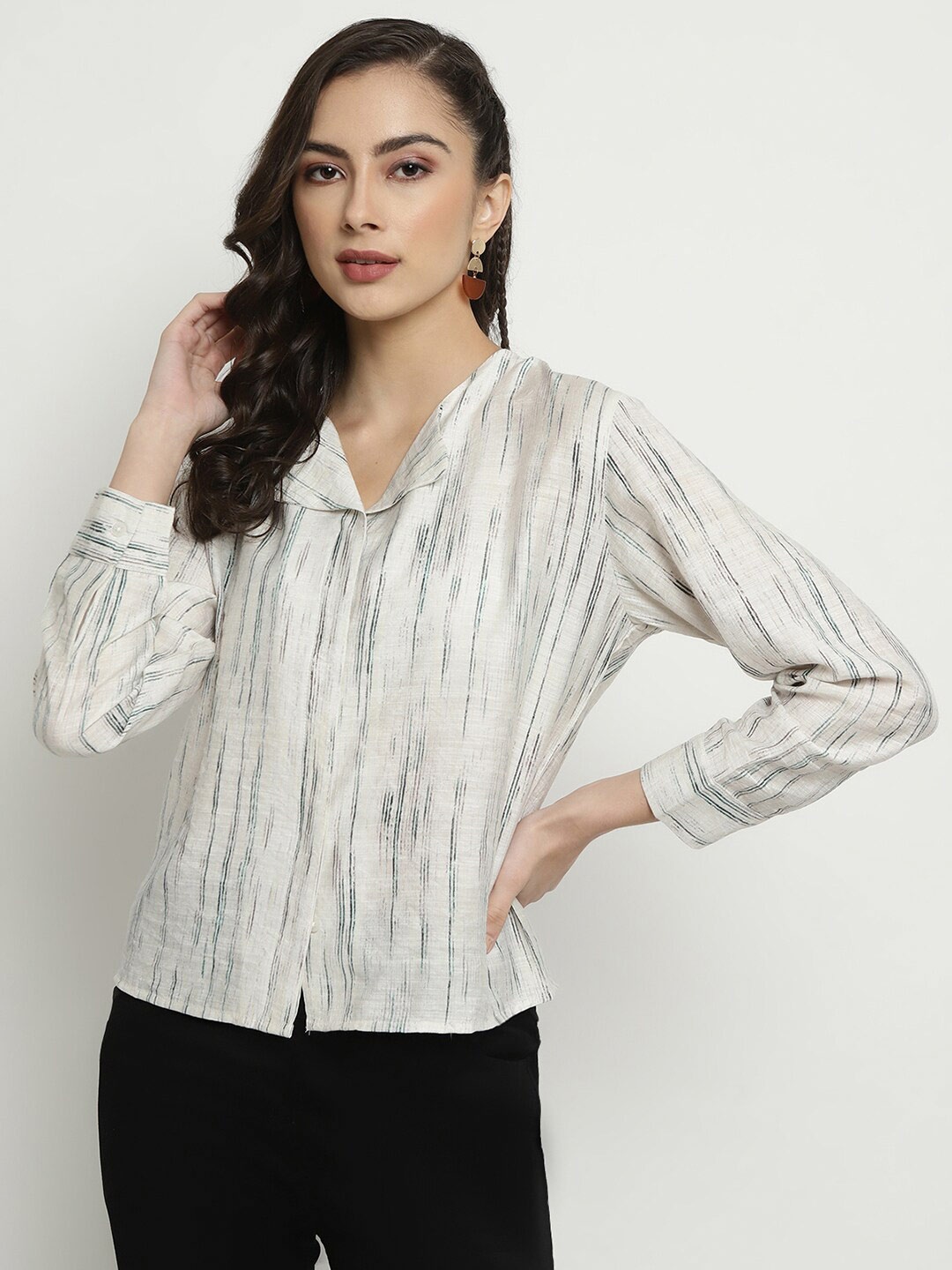 

METTLE Striped Collarless Long Sleeves Cotton Casual Shirt, Off white