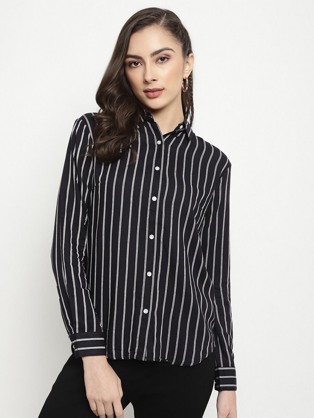 

METTLE Striped Spread Collar Long Sleeves Cotton Casual Shirt, Black