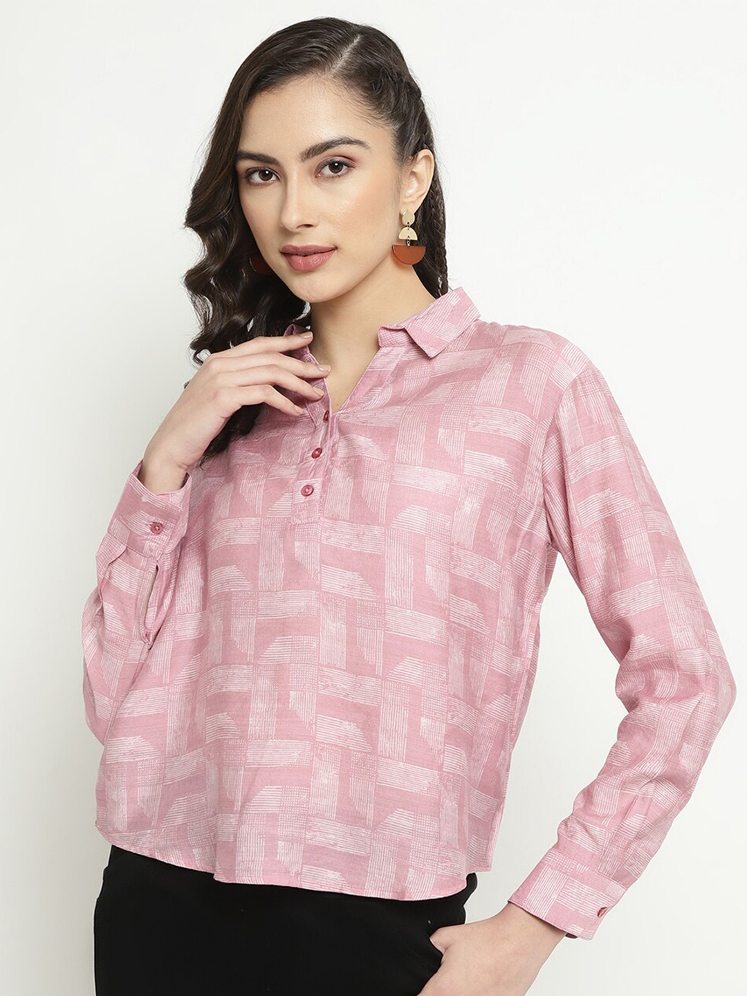 

METTLE Geometric Printed Shirt Collar Long Sleeves Cotton Casual Shirt Style Top, Pink