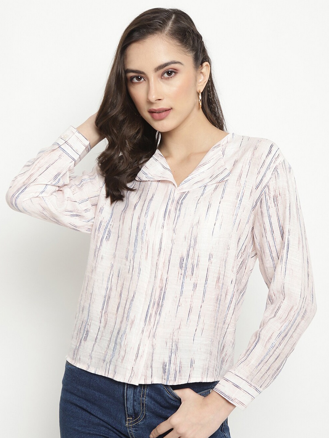 

METTLE Striped Collarless Long Sleeves Cotton Casual Shirt, Off white