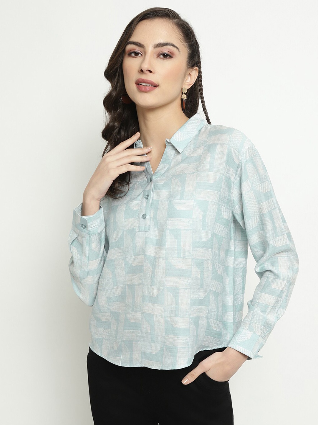 

METTLE Geometric Printed Shirt Collar Long Sleeves Cotton Casual Shirt Style Top, Blue