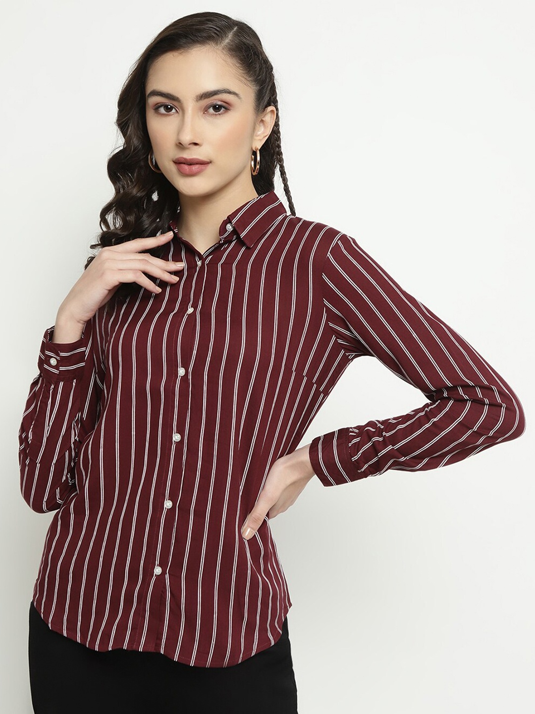 

METTLE Striped Spread Collar Long Sleeves Cotton Casual Shirt, Maroon