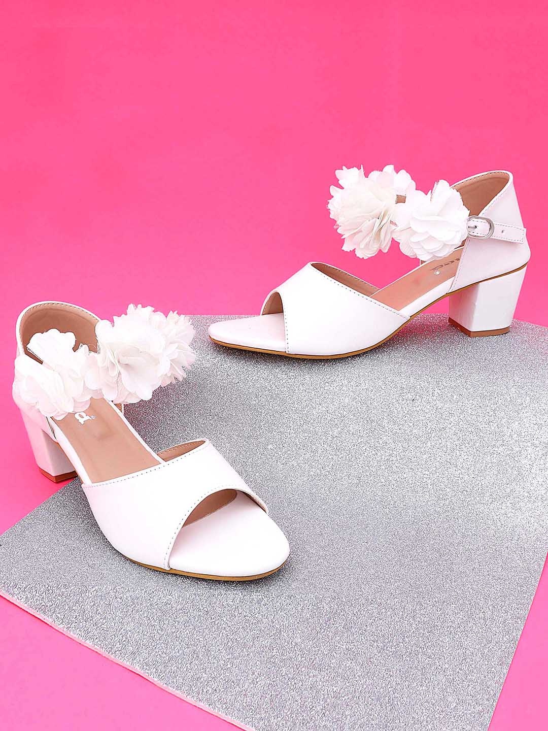 

DChica Girls Flower Embellished Ankle Strap Block Heels, White